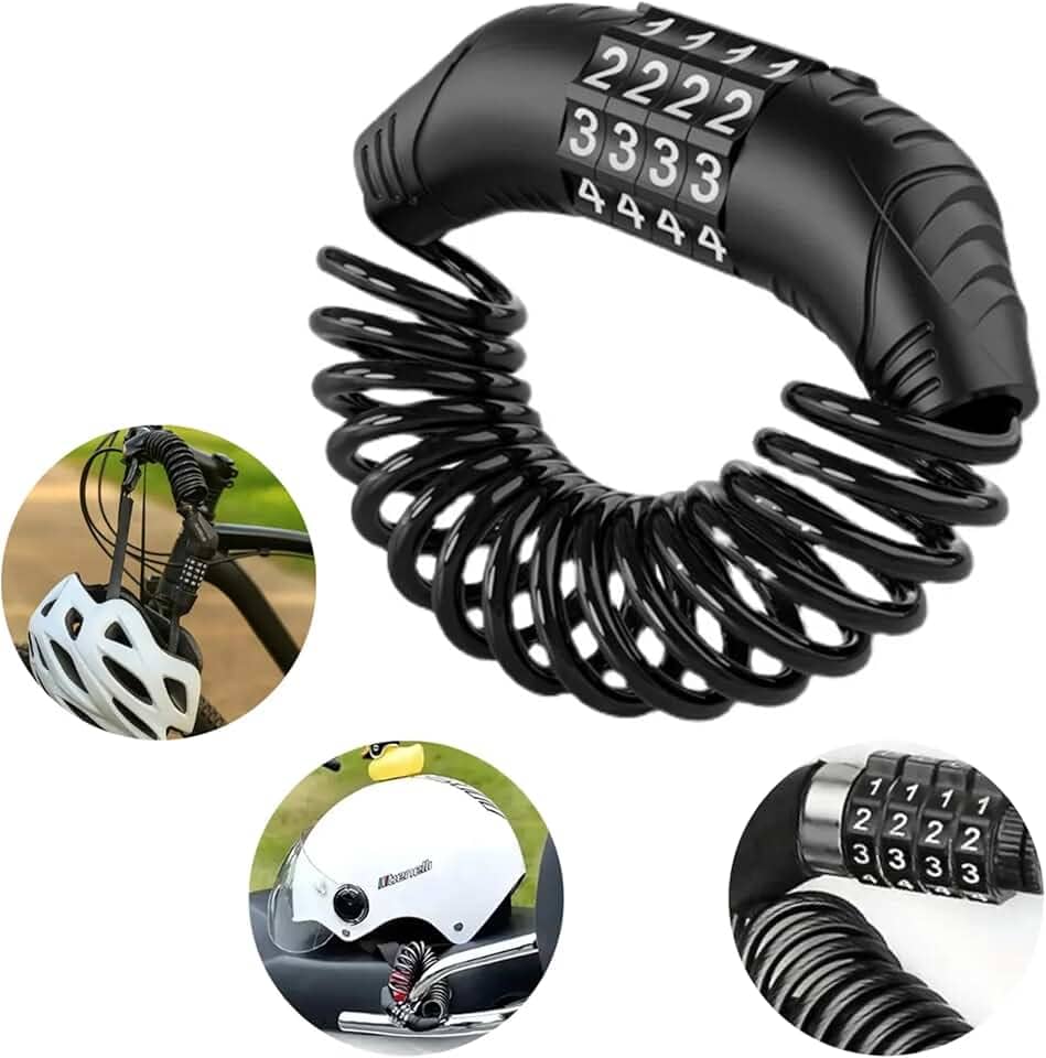 Cadeado de Capacete com Senha 4 Dígitos – Cabo Espiral Antifurto 1,5 M – Trava Leve e Portátil para Moto, Bike e Patinete – Segurança e Praticidade no Dia a Dia