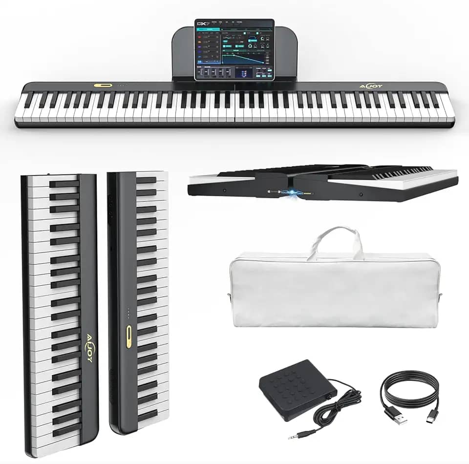 AiJoy Teclado de piano de 88 teclas com conexão magnética, piano elétrico destacável ASP-10M para iniciantes, piano digital portátil para viagens com teclas sensíveis, suporte MIDI, bolsa de