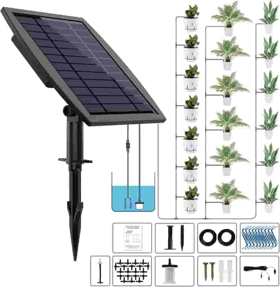 JIYANG Sistema de Kit de Irrigação por Gotejamento Automático Solar, Dispositivo de Rega Automático Fácil Diy Movido A Energia Solar com Suporte para Vasos de Plantas, 12 Modos de Temporização com Dis
