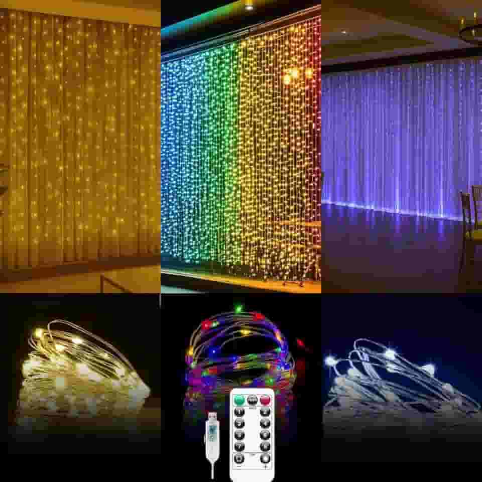 Cortina 300 Led 3x3m USB Colorido Branco Frio 8 Modos USB Temporizador LuvinCo