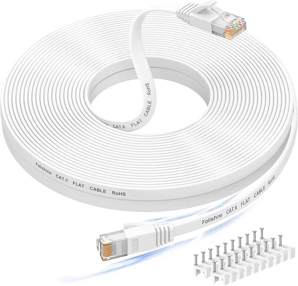 Folishine Cabo Ethernet de 15 metros, Cat 6e/Cat 6, alta velocidade, cabo LAN branco plano blindado para switch de rede Ethernet, PS4 e modem