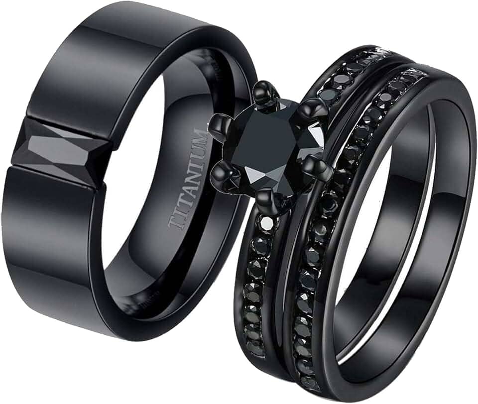 Anéis de casamento para ele e para ela anéis de casal preto CZ conjunto de alianças de casamento masculinas de aço titânio