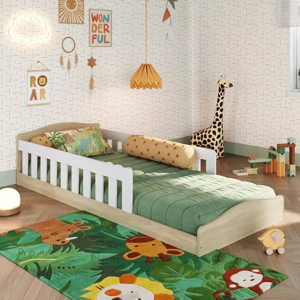 Cama Infantil de Chão Montessoriana de Solteiro Menino Menina com Grade Proteção