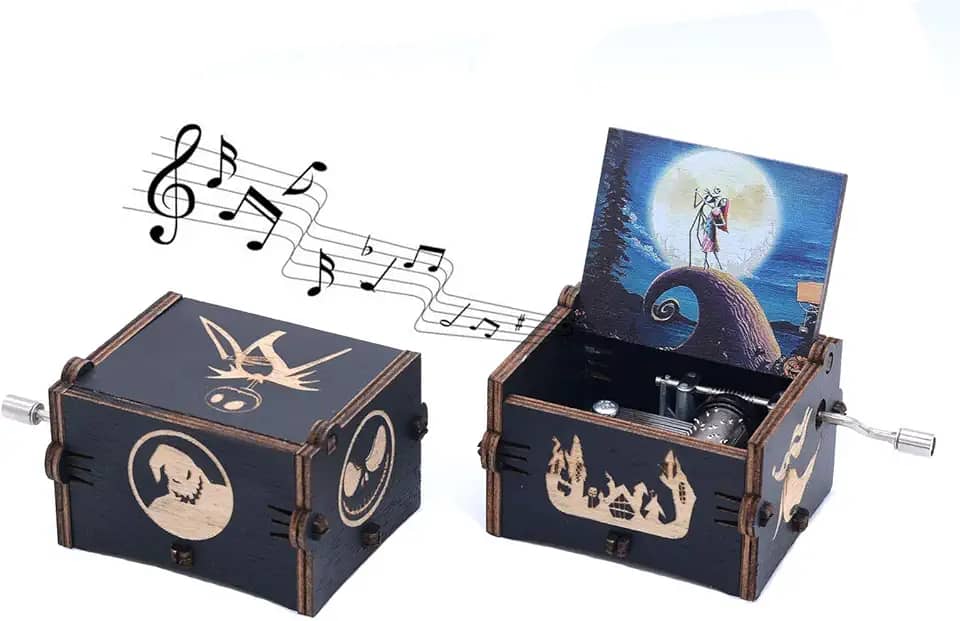 Keast Caixa de música com manivela, madeira vintage O Estranho Mundo de Jack Caixa de música de madeira com manivela de toque melodia Feliz Natal, para filha do pai mãe
