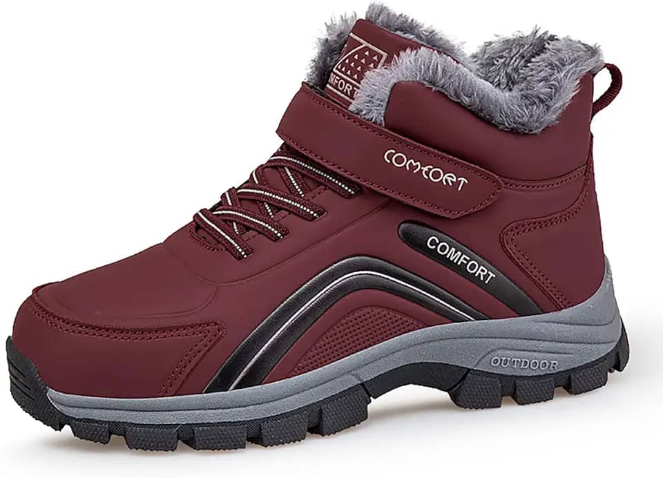 Botas femininas de couro com plataforma de gancho e laço para neve confortáveis e forradas com pele quente, impermeável, antiderrapante, para caminhadas ao ar livre, botas de lazer de