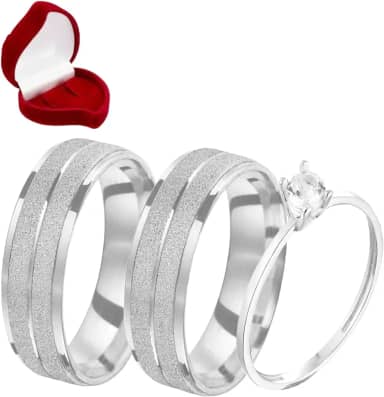 Par Alianças 8mm Prata Design Italiano com Anel Solitario com Pedra Zirconia e Caixa de Veludo Namoro Noivado Casamento
