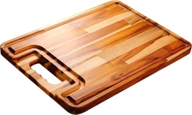 Tábua de Corte para Carne, Churrasco e Legumes em Madeira Teca Moderna – 40x30cm, Ideal para Preparar, Cortar e Servir, Superficie Antibacteriana, Durável e Elegante