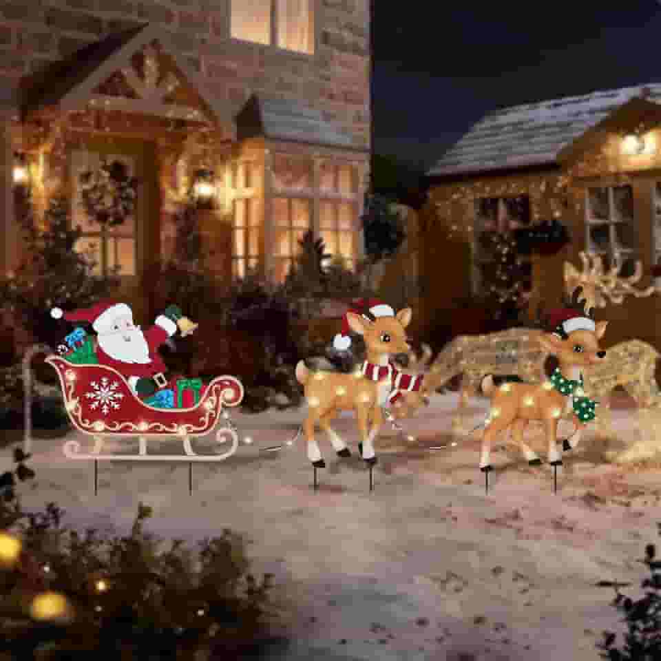 Afirst Estacas de jardim de Natal iluminadas de metal decorações ao ar livre com luzes Papai Noel no trenó renas de metal iluminadas estacas de jardim de natal estacas de jardim de Natal caminho de