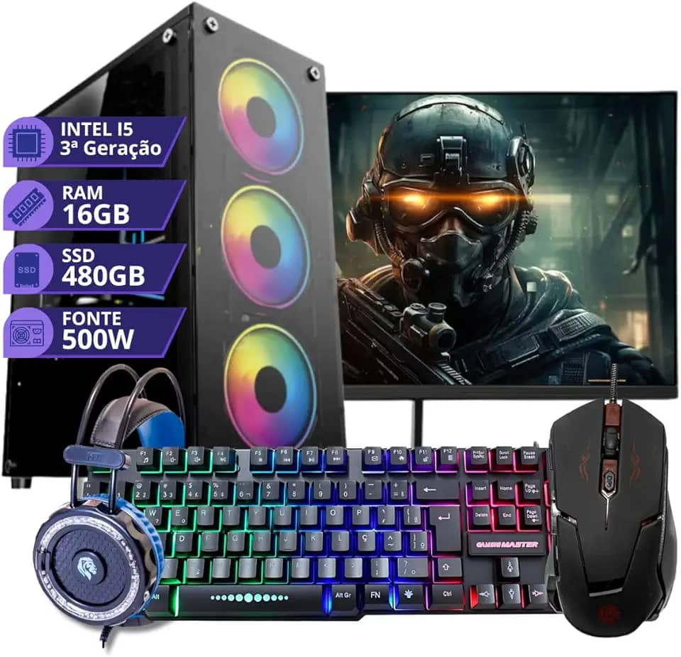 Pc Gamer Completo Intel Core I5 3.2GHz Memoria 16gb Ssd 480gb Fonte 500W Monitor 19