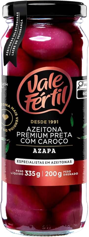 Azeitona Preta em Conserva Azapa com Caroço Vale Fértil Premium Vidro 200g, Pequeno