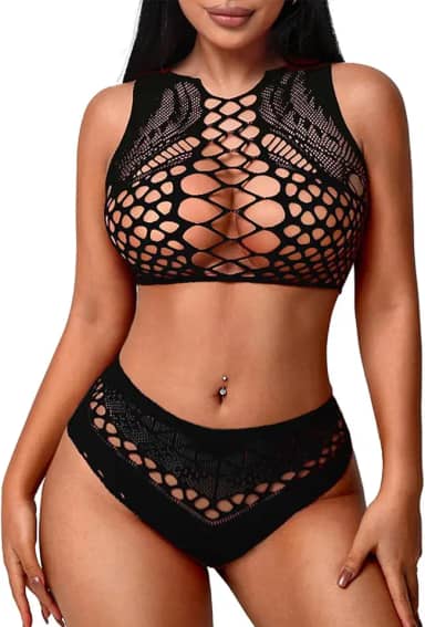 Conjunto de lingerie arrastão para mulheres, sexy, duas peças, top cropped sem mangas, sutiã e calcinha, conjunto de saída de praia, 7179-preto, Tamanho Único