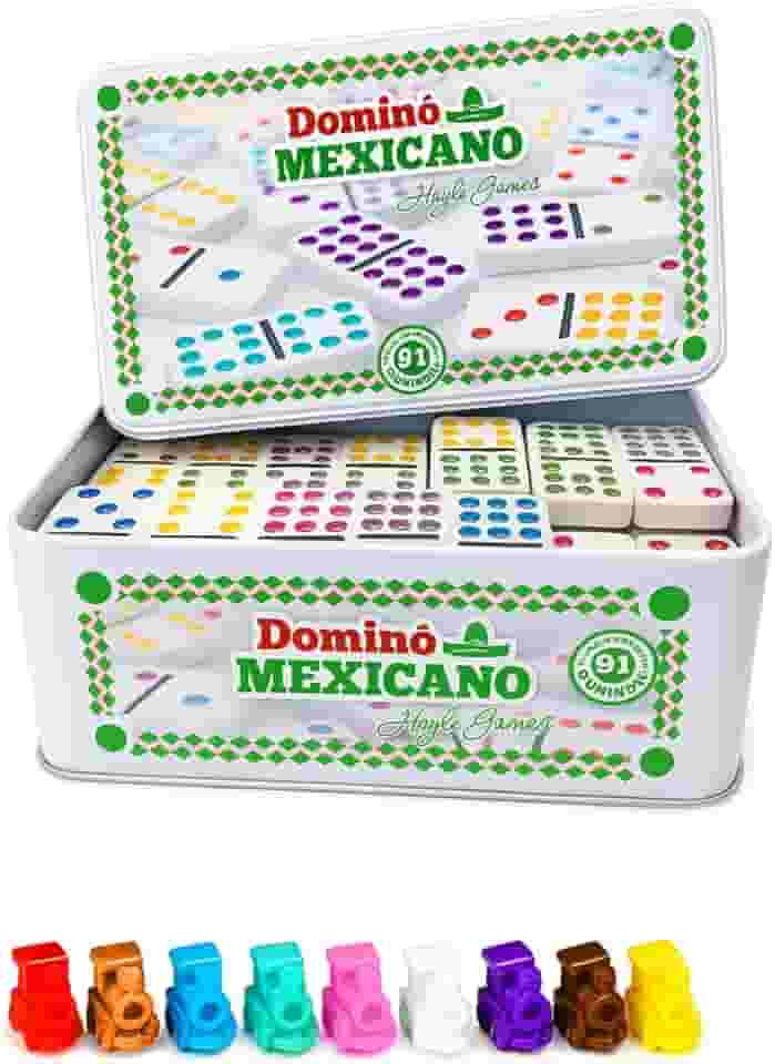 Hoyle Dominó Mexicano Profissional, 96 Peças, Branco, Metal e Melamina, com Trens e Eixo Central, Pedras 5,2x2,5cm, Estojo de Lata, para 10 Jogadores, 6+ Anos