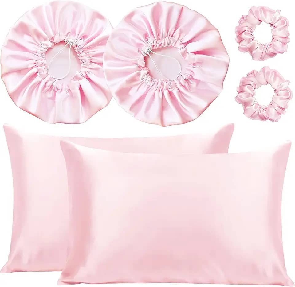 Kit 2 Fronha De Cetim Seda + 2 Toucas + 2 Xuxinhas (Rosa-claro)