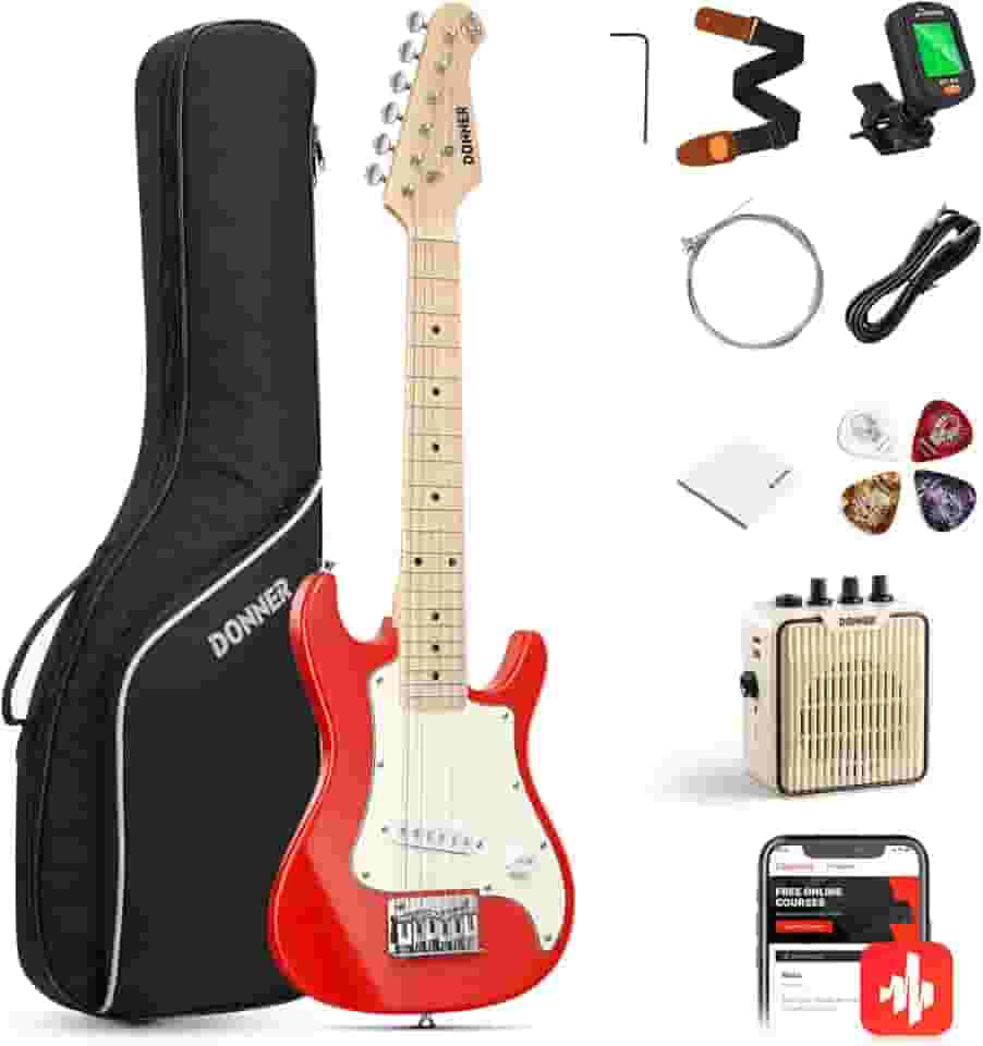 Donner Kit de iniciantes para guitarra elétrica de 30 polegadas estilo ST mini tamanho ST guitarra elétrica júnior pacote vermelho com amplificador, bolsa 600D, sintonizador, palhetas, cabo, alça, cordas extras DST-100