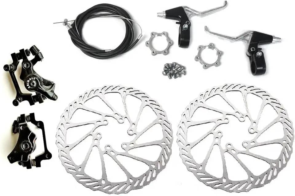 Kit de freio de disco frontal e traseiro BlueSunshine – pinças de liga de alumínio, 2 peças de aço inoxidável G3 160 mm rotores e cabo e alavanca de freio e 12 parafusos, cubos roscados de roda livre distância de 48 mm
