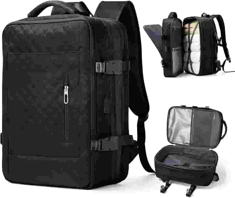 Mochila de viagem grande unissex, aprovada como bagagem de mão para avião, tamanho de item pessoal, mochila de trabalho e viagem com compartimento para sapatos, preta