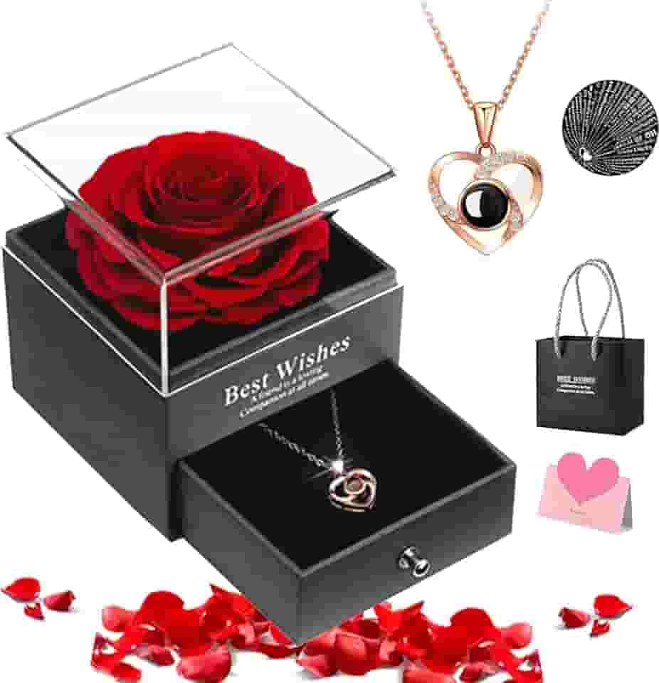 Conjunto de Colar e Rosa Eterna, com “Eu Te Amo' em 100 Idiomas, Presente Flor Eterna para Dia Das Mães, Dia Dos Namorados, Kit Presente Feminino Criativo para Mãe, Esposa, Namorada, Noiva, Amiga