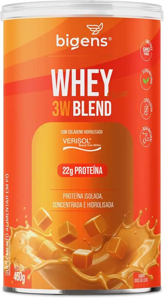 Whey Protein 3W Blen, Isolado, Concentrado e Hidrolisado, com Colágeno VERISOL®, 450g, Sabor Doce de Leite, Bigens