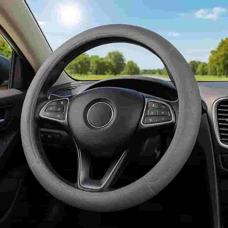 Capa de volante luxuosa de couro PU - Conforto 3D, sem anel interno, acessórios para carro, cinza