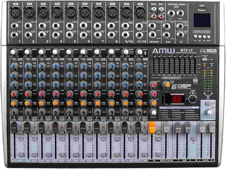 AMW M12 FX V3 MESA DE SOM 12 CANAIS COM 99 EFEITOS DSP EFX XLR INTERFACE DE ÁUDIO USB 2X2