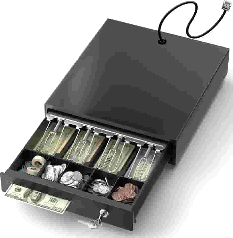PYY Gaveta de dinheiro – Gaveta de caixa registradora eletrônica com 4 notas e 5 compartimentos para moedas com 2 chaves para trava e bandeja de dinheiro removível, gaveta de dinheiro aberta