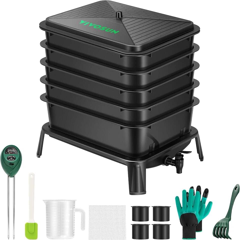 VIVOSUN Composteira De Minhoca 5 Camadas, 50 Litros, Kit Fazenda Inclusivo Fácil Instalação Para Reciclagem Resíduos Alimentares