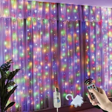 Cortina de LED 3x3m 300 LEDs Branca Quente | Pisca Pisca Cascata USB com Controle Remoto, 8 Modos, Temporizador, à Prova d’Água IP68 | Decoração de Natal, Festa, Casamento e Casa (Colorido)