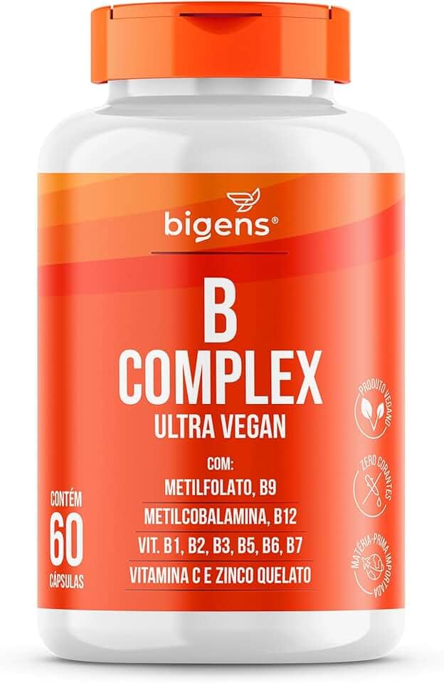 Vitaminas do Complexo B, Vegano, MetilFolato, Metil B12, B1, B2, B3, B5, B6, B7, C, Zinco, 60 capsulas, Bigens