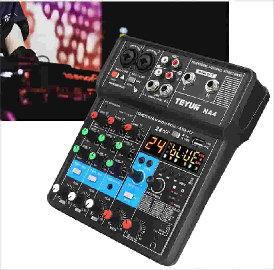 Mixer de áudio profissional,4/3/2 canais Mixer de placa de som com Bluetooth, entrada USB para PC Fonte de alimentação fantasma de 48V para música, Podcast, Mixers para DJ e VJ (4 canais)