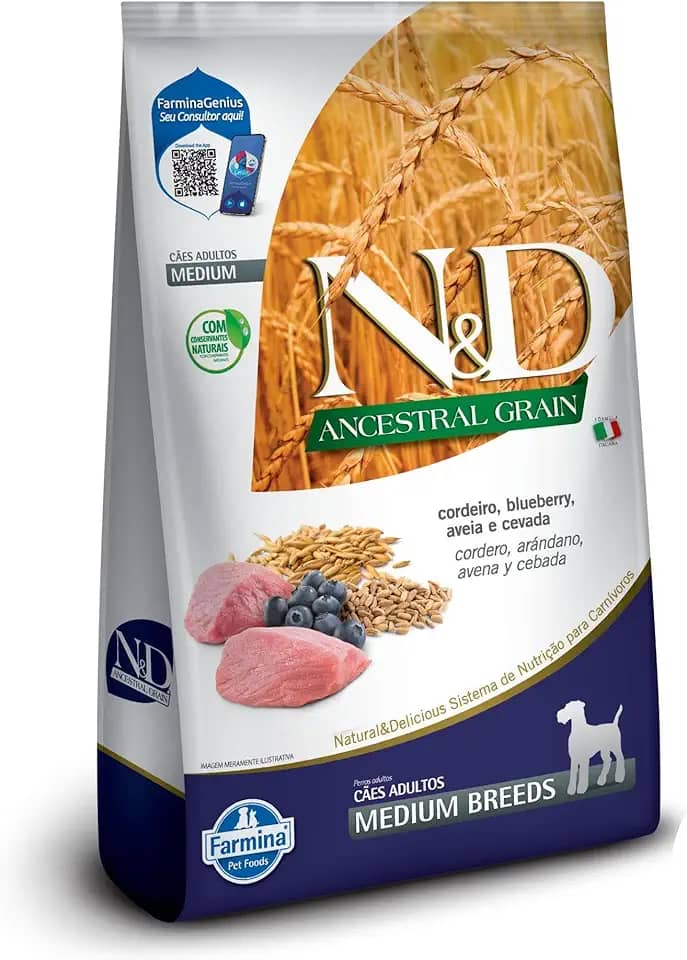 N&D Ancestral para Cães Adultos de Raças Médias Sabor Cordeiro, Blueberry, Aveia e Cevada 10,1Kg