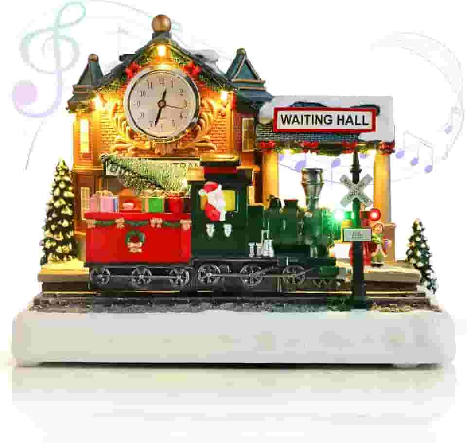 Vigdur Casas de Aldeia de Natal - Estação de Trem de Natal Iluminada com Trem em Movimento e 8 Canções de Natal, Animação de Natal, Decorações de Mesa para Casa