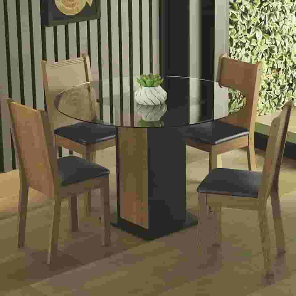 Conjunto Sala de Jantar Madesa Débora Mesa Tampo de Vidro Redondo 4 Cadeiras - Preto/rustic