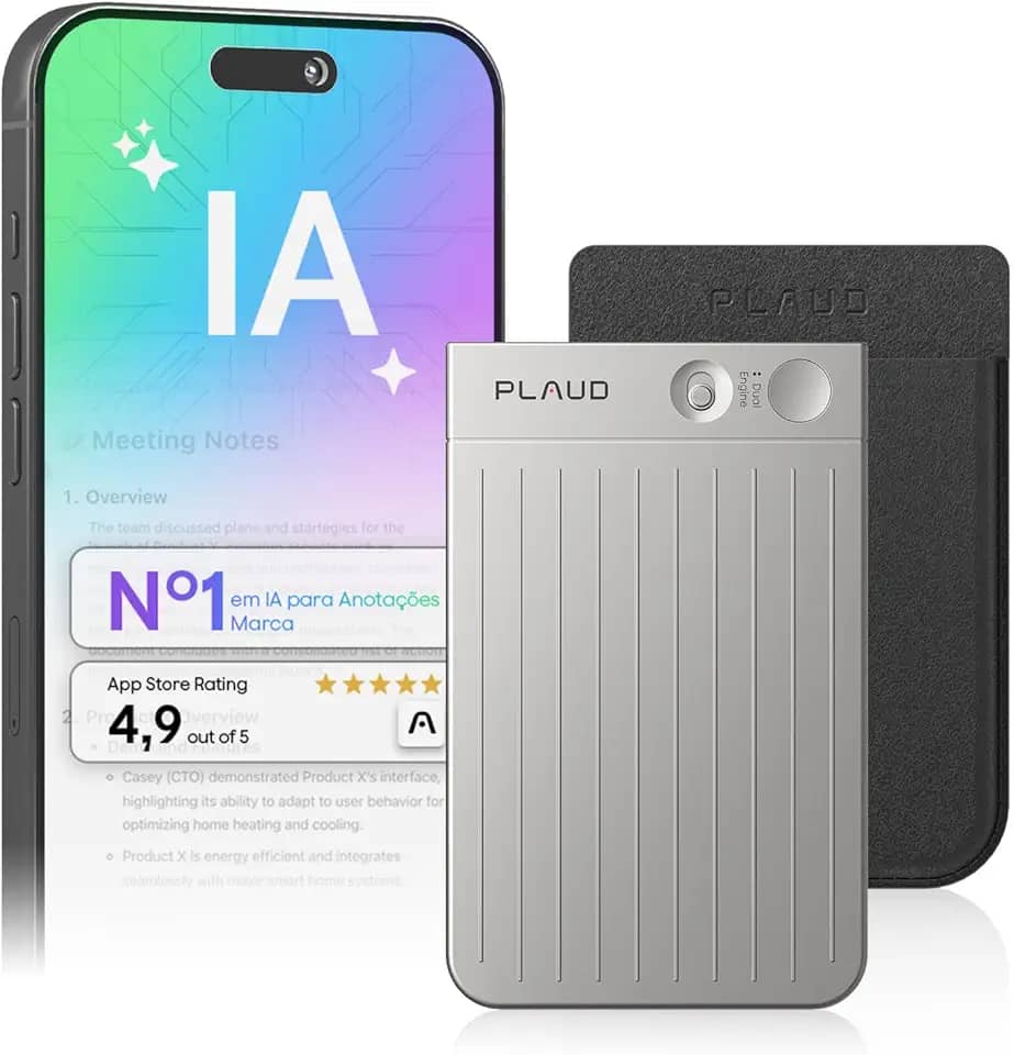 Gravador de voz com IA, gravador de áudio Plaud Note c/capa, controle de aplicativo, transcrição e resumo com tecnologia de IA, suporte a 112 idiomas, 64GB, para aulas, reuniões, chamadas