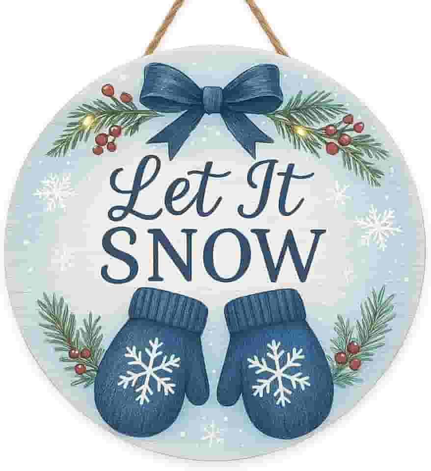 Let It Snow Guirlanda de inverno, guirlandas de Natal para porta da frente, luvas azuis rústicas de madeira, decoração de floco de neve, sinal de casa de fazenda, janela de parede, exterior, interior