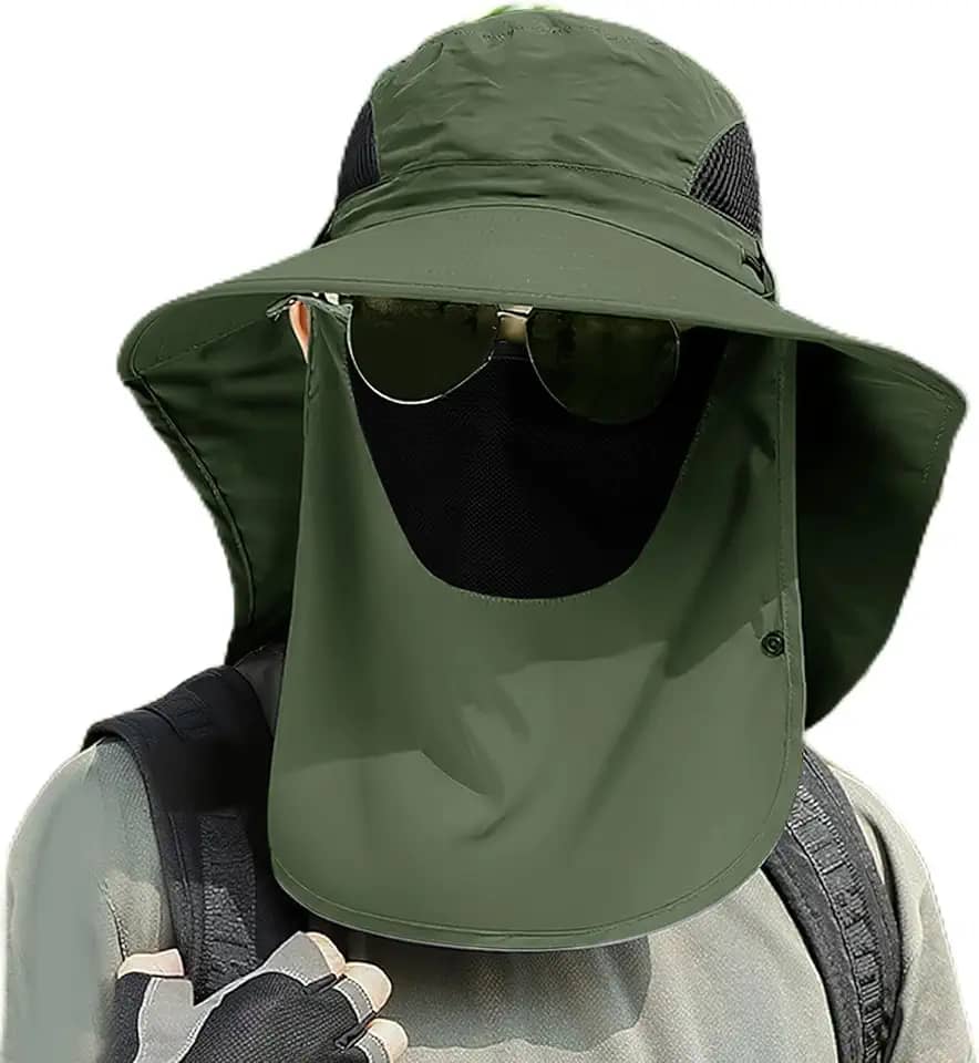 Chapéu de sol unissex ao ar livre com aba larga removível no pescoço e cobertura facial respirável para pesca, caminhada, acampamento, 1 peça