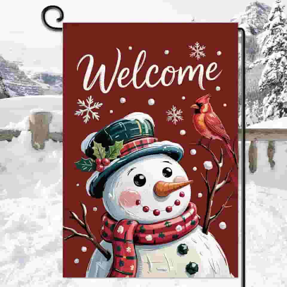 Boneco de neve, bem-vindo, Natal, jardim, bandeira, dupla face, Natal, cardeal, inverno, férias, casa, decoração sazonal, Natal, exterior, decoração para quintal, gramado, pátio, 30 x 45 cm