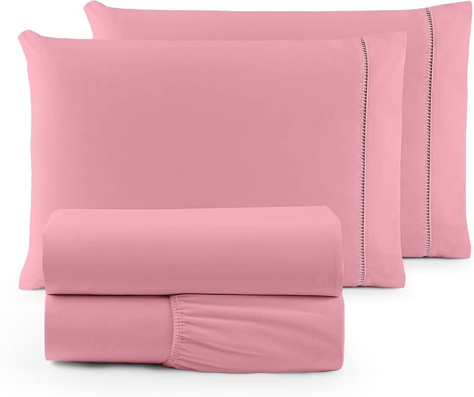 Jogo de Lençol SOLTEIRO 3 Peças 400 Fios Lençol de Cima Ponto Palito Toque de Pessego Lençol com Elastico e Com Fronha (ROSE, SOLTEIRO 3 PEÇAS)