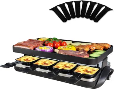 TAMARIT Grelha clássica de raclette para 8 pessoas 1500 W com placa reversível, 8 bandejas de queijo antiaderentes e espátulas para uso interno, portátil, coreano, churrasco, churrasco, festa, preto