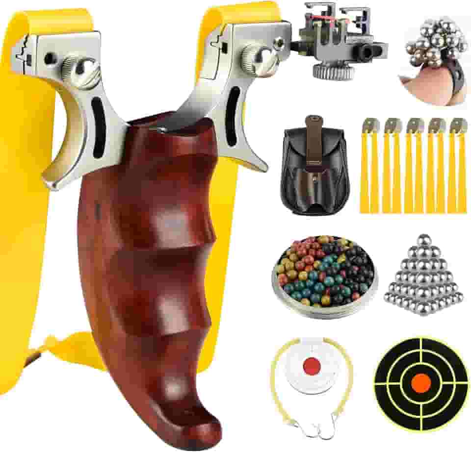 Estilingue de caça, estilingue tático profissional adulto de aço inoxidável, cabo de madeira, faixa de borracha com munição, saco de munição, papel alvo