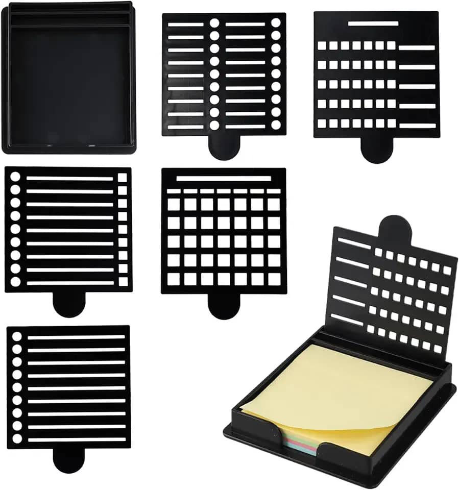 Estêncil de notas adesivas e suporte com cinco estênceis diferentes, preto reutilizável 7,5 x 7,6 cm Post It Note Organizer para mesa