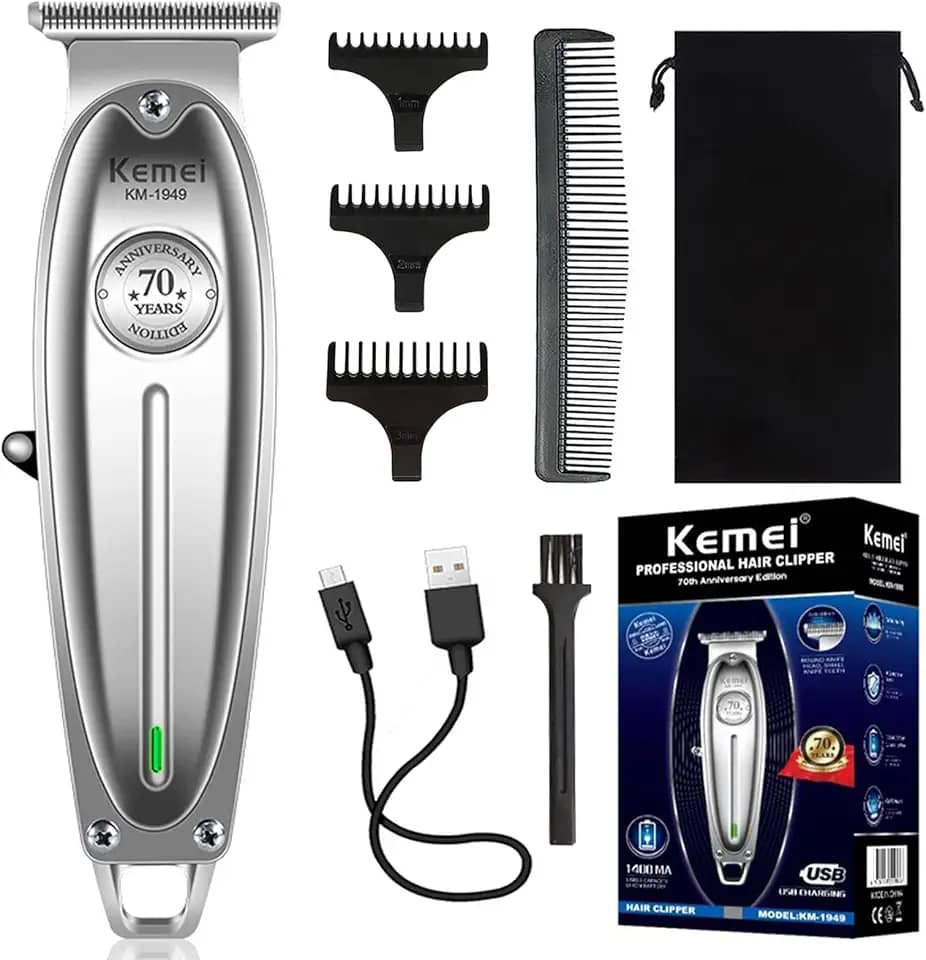 KEMEI 1949 Aparador de cabelo profissional para homens Zero Gap elétrico sem fio aparador de barba / aparador de cabelo recarregável com lâmina T para estilistas e barbeiros, kit de