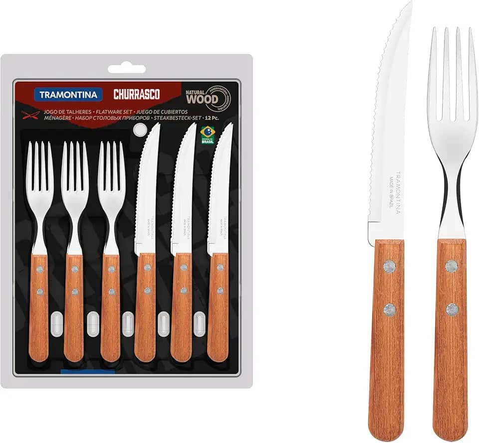 JOGO DE TALHERES PARA CHURRASCO DYNAMIC SORTIDOS COM LAMINAS DE ACO INOX E CABOS DE MADEIRA - 12 PEÇAS