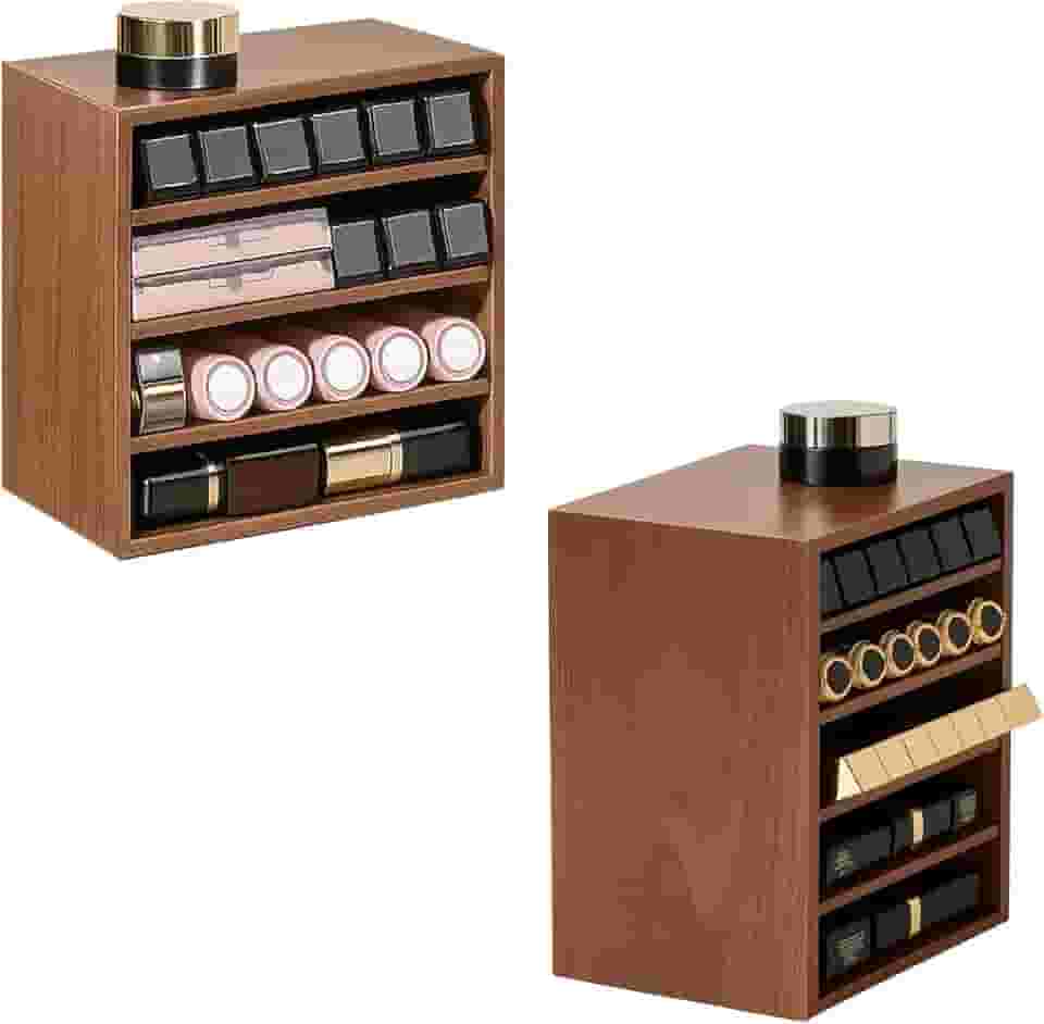 Krdrgey Organizador de maquiagem multicamadas para batons de várias formas, comporta cerca de 30 peças, suporte de prateleira de madeira sintética, expositor empilhável para sombra, base e amostras de