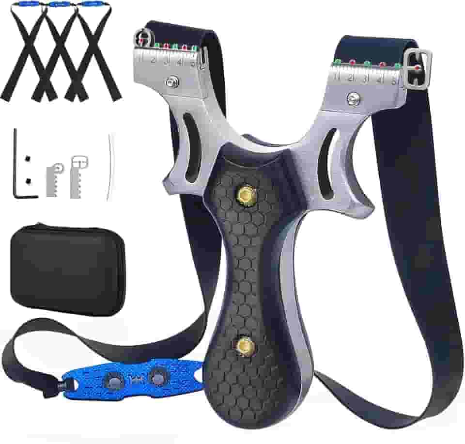 estilingue, estilingue de aço inoxidável para adultos, tiro para prática de caça e tiro, vem com 3 faixas de borracha planas e um estojo de armazenamento