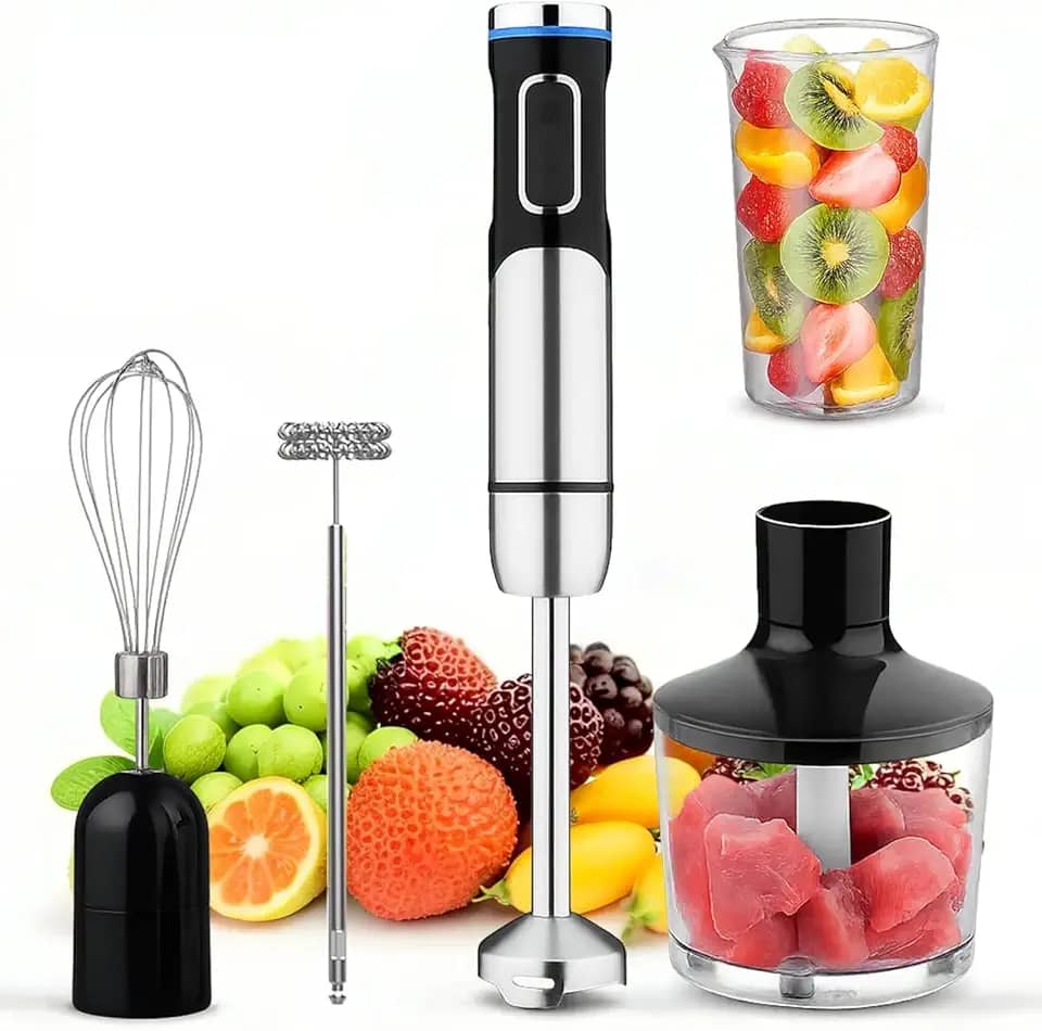 Mixer portátil 5 em 1, Ajuste de 8 velocidades, Com triturador, 304 lâmina de aço inoxidável, batedor de ovos, borbulhador e copo de medição, Adequado para sopas, smoothies e purés