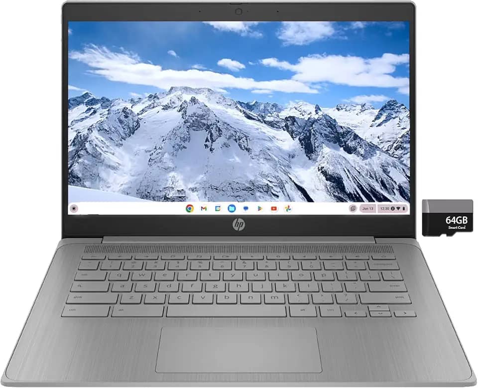 HP Notebook Chromebook 14" HD para estudantes universitários e negócios, Chrome OS, processador Intel Celeron N4120, 4 GB de RAM, 64 GB de armazenamento, Bluetooth, Wi-Fi, cinza moderno, cartão