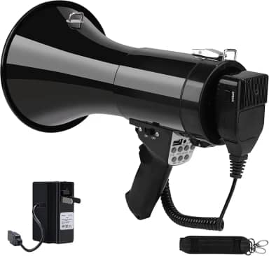 Megafone Bullhorn Bluetooth 50W com bateria recarregável - Mega telefone profissional com sirene e gravação 240s suporta USB/TF/entrada auxiliar de 3,5 mm - alcance de 1600 metros para atividades