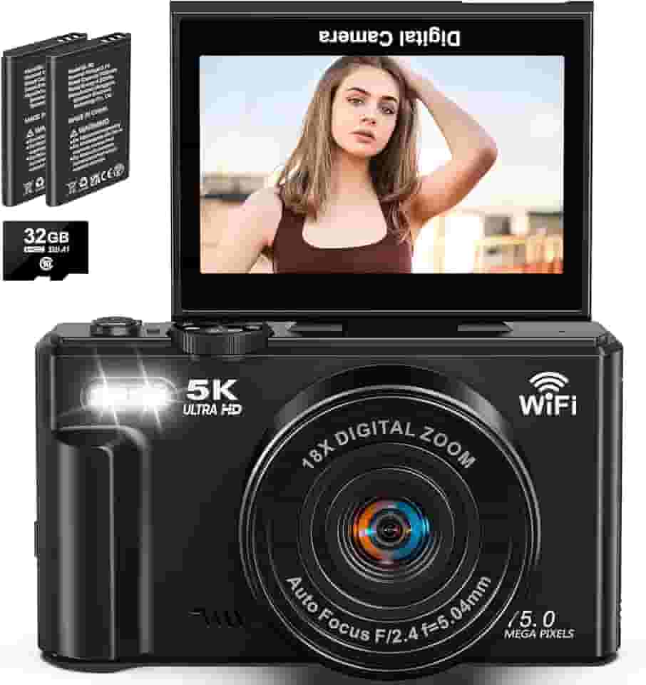Câmera digital, vídeo de 5k, câmera de 75 megapixels, transmissão Wi-Fi, zoom digital de 18x, tela giratória de 180 graus, foco automático, cartão SD de 32G, duas baterias,câmera compacta,vlog