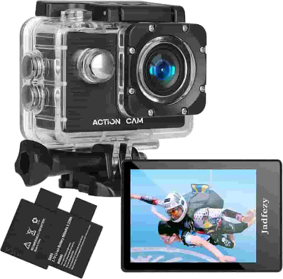 Câmera de ação FHD 1080P 12MP, câmera subaquática impermeável de 30 m com 2 baterias, câmera esportiva grande angular com kit de acessórios adequada para capacete, bicicleta, etc.