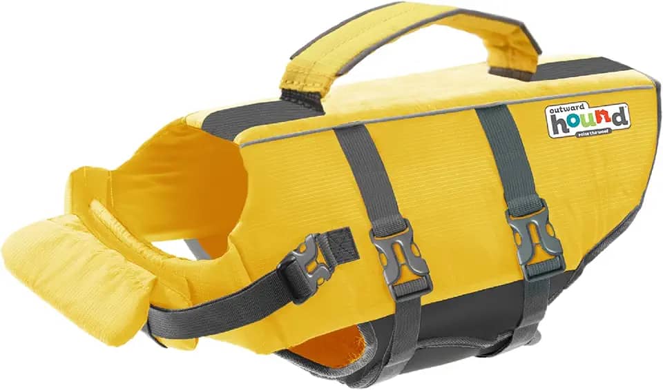 Outward Hound Colete salva-vidas para cães Granby Splash, colete salva-vidas de alta flutuabilidade para natação, passeios de barco e segurança na água, pequeno, amarelo
